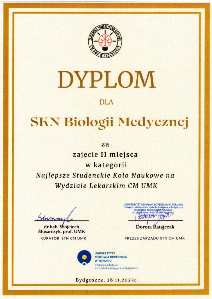 Dyplom SKN Biologii Medycznej za zajęcie II miejsca w kategorii najlepsze studenckie koło naukowe 